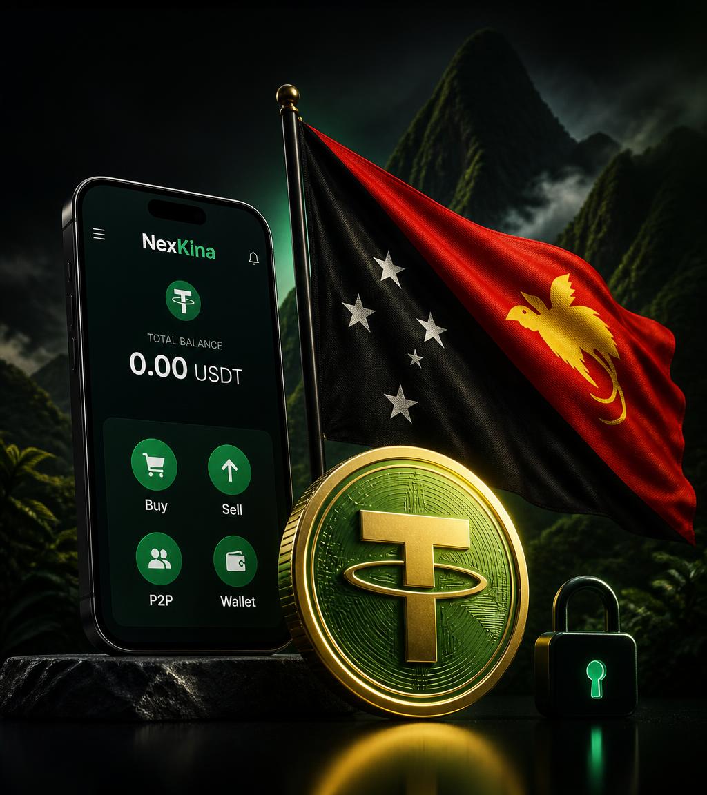 NexKina app with Papua New Guinea flag and USDT coin